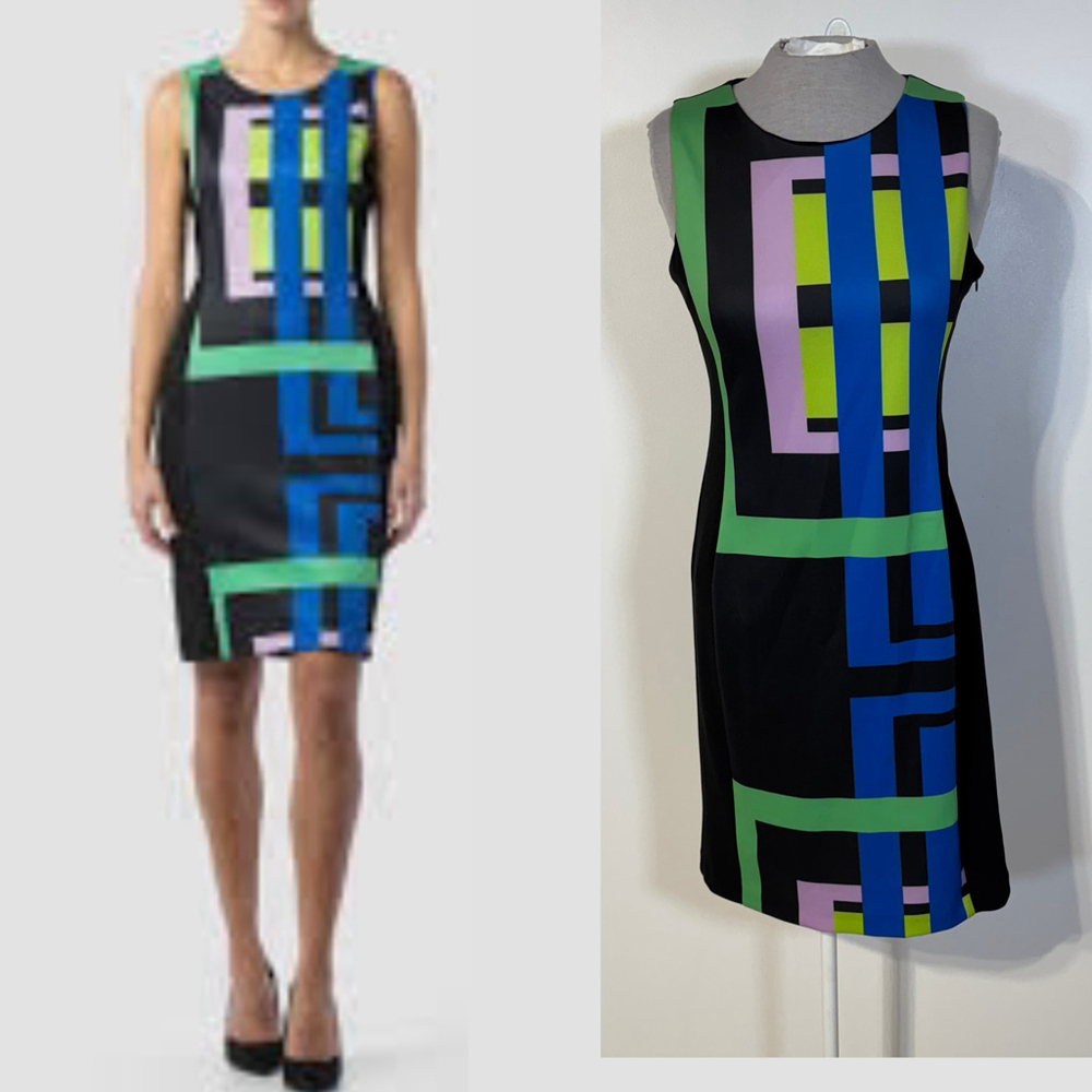 Joseph Ribkoff Dress Women’s Size 8 Black Blue Geometric Print Sleeveless Zipper